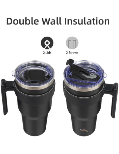 Taza Aislada Konokyo 1.19 kg 40 oz Negra con Asa y Popotes