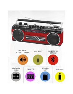 Riptunes Boombox Retro Bluetooth Reproductor de Cassette Rojo 2
