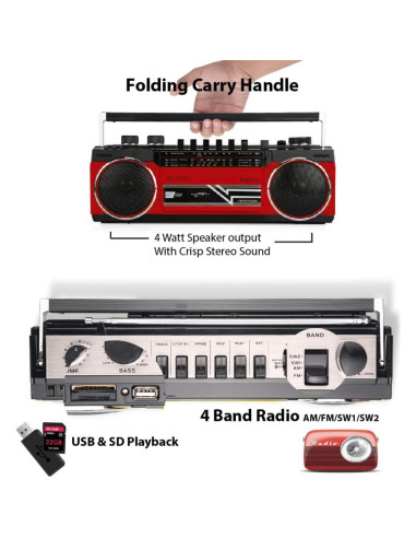 Riptunes Boombox Retro Bluetooth Reproductor de Cassette Rojo