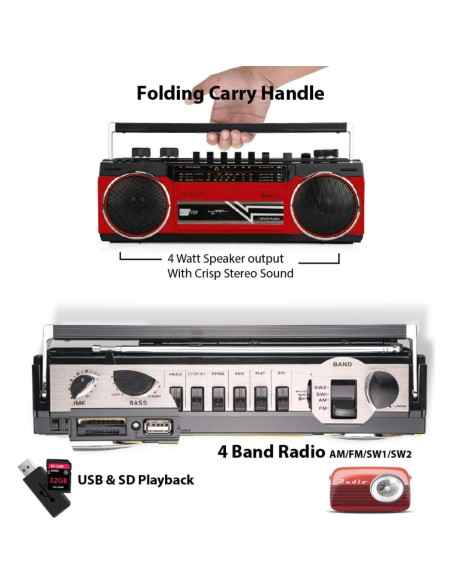 Riptunes Boombox Retro Bluetooth Reproductor de Cassette Rojo