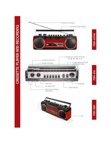 Riptunes Boombox Retro Bluetooth Reproductor de Cassette Rojo