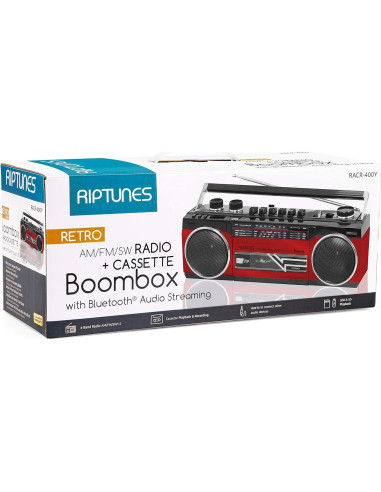 Riptunes Boombox Retro Bluetooth Reproductor de Cassette Rojo