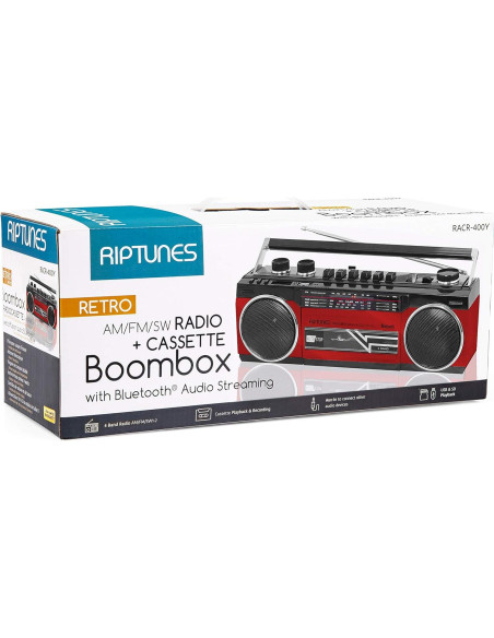 Riptunes Boombox Retro Bluetooth Reproductor de Cassette Rojo