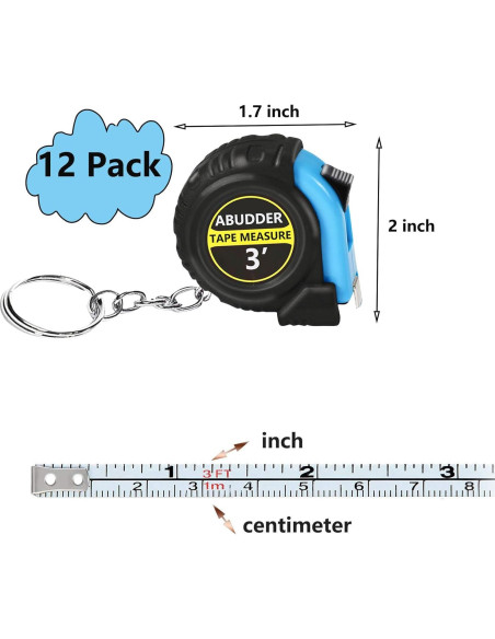 Paquete de 12 llaveros con cinta métrica retráctil 1m azul