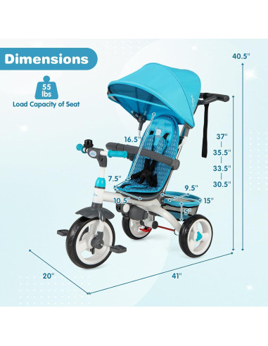 Triciclo 6 en 1 Costzon Azul para Niños de 9 Meses a 5 Años