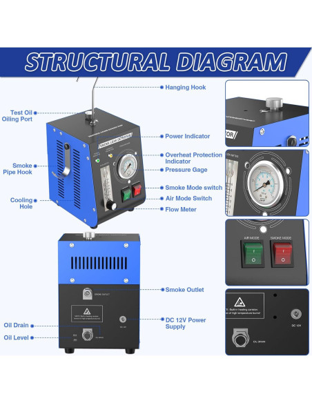 Máquina de Humo Aoteda 12V con Manómetro y Medidor de Flujo