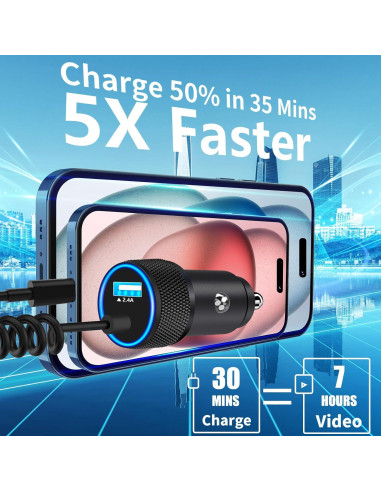 Cargador de Coche USB Linocell 4.8A + Cable Lightning 1.8m