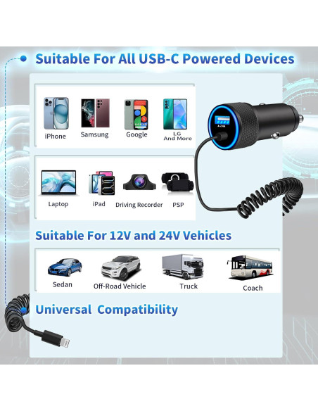 Cargador de Coche USB Linocell 4.8A + Cable Lightning 1.8m