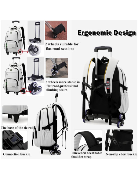 Mochila Rodante Escolar Niños 6 Ruedas 35L Negra