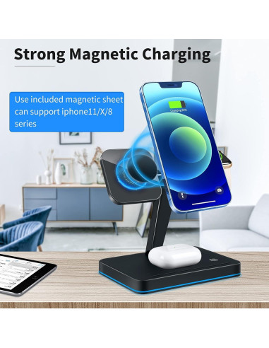 Cargador Inalámbrico Magnético YOCUNKER 15W 3 en 1 para iPhone, Apple Watch y AirPods