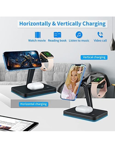 Cargador Inalámbrico Magnético YOCUNKER 15W 3 en 1 para iPhone, Apple Watch y AirPods