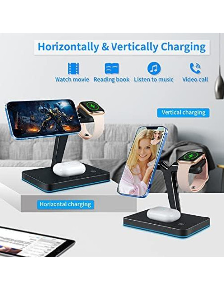 Cargador Inalámbrico Magnético YOCUNKER 15W 3 en 1 para iPhone, Apple Watch y AirPods