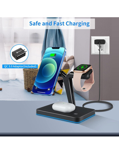 Cargador Inalámbrico Magnético YOCUNKER 15W 3 en 1 para iPhone, Apple Watch y AirPods