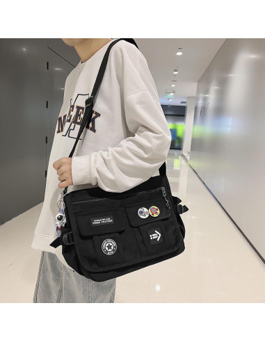 Bolso Cruzado de Nailon My-b14711 Negro con 7 Bolsillos