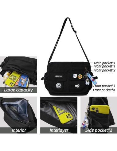 Bolso Cruzado de Nailon My-b14711 Negro con 7 Bolsillos