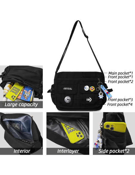 Bolso Cruzado de Nailon My-b14711 Negro con 7 Bolsillos