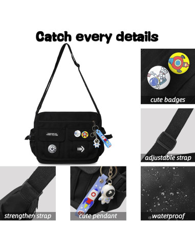 Bolso Cruzado de Nailon My-b14711 Negro con 7 Bolsillos