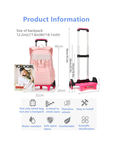 Mochila Rodante Rosa para Niñas 28L con 6 Ruedas