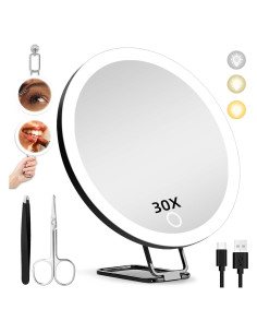 Espejo de Aumento 30X con Luz y Ventosas 15cm Negro