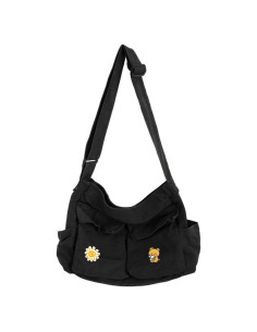 Bolsa Mensajera de Lona Hobo Negra con Múltiples Bolsillos