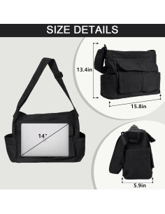 Bolsa Mensajera de Lona Hobo Negra con Múltiples Bolsillos 2
