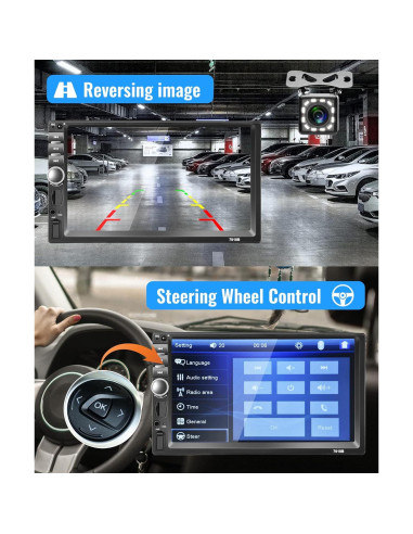 Estéreo Doble Din Rimoody 7" Bluetooth FM Cámara Respaldo