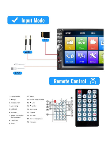 Estéreo Doble Din Rimoody 7" Bluetooth FM Cámara Respaldo
