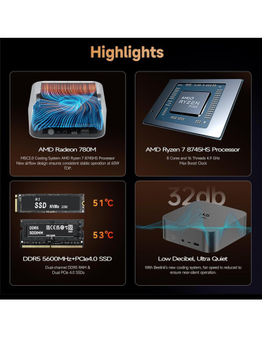 Beelink SER8 Mini PC Ryzen 7 32GB DDR5 1TB SSD Triple Pantalla