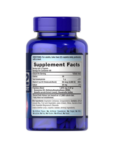 Suplemento de Glucosamina Condroitina MSM Puritan's Pride 160 Tabletas