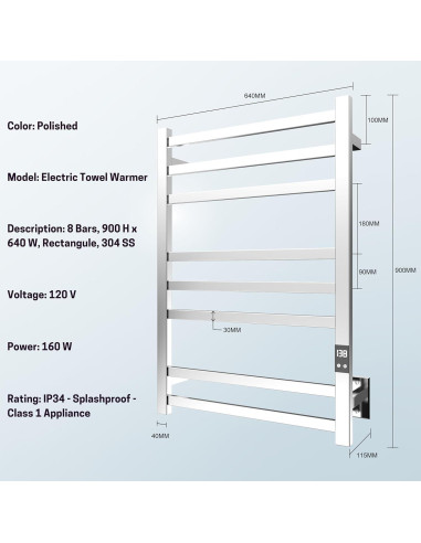 Calentador de Toallas Peaktrivol 8-Bar Acero Inoxidable 304