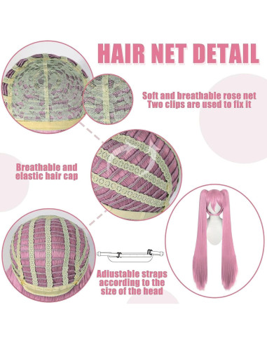 Peluca Rosa JoneTing 120 cm con Coletas y Gorro