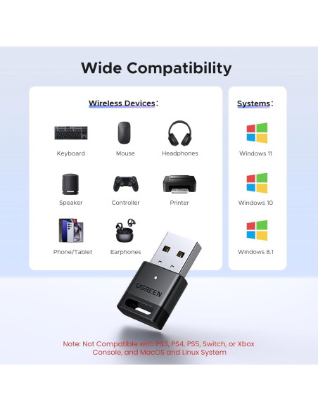 Adaptador Bluetooth USB UGREEN 5.4 para PC Plug and Play