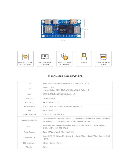 Orange Pi Zero 2W 2GB Quad Core 1.5GHz WiFi 5.0 Bluetooth 5.0