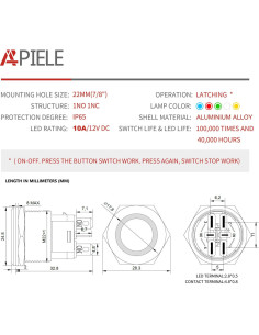 Interruptor de Botón de Presión APIELE 10A 12V LED Impermeable 2