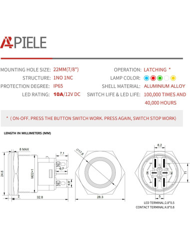Interruptor de Botón de Presión APIELE 10A 12V LED Impermeable
