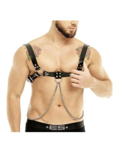 Arnés de pecho de cuero PU negro con cadenas ajustable