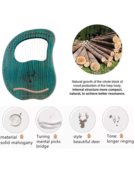 Arpa de Lira Aogbra 19 Cuerdas de Acero Verde con Bolsa