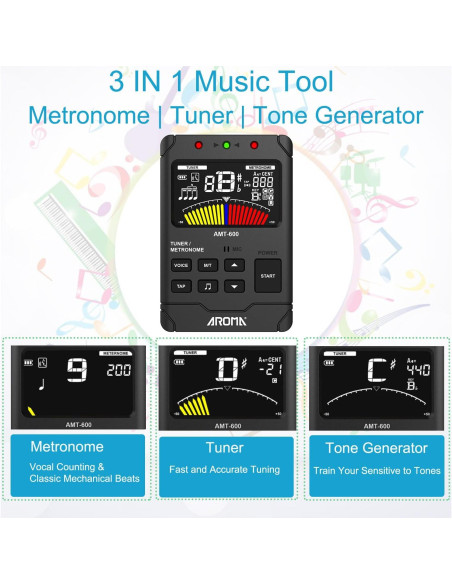 Metrónomo Digital 3 en 1 Afinador Generador de Tonos