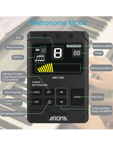 Metrónomo Digital 3 en 1 Afinador Generador de Tonos