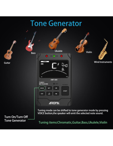 Metrónomo Digital 3 en 1 Afinador Generador de Tonos