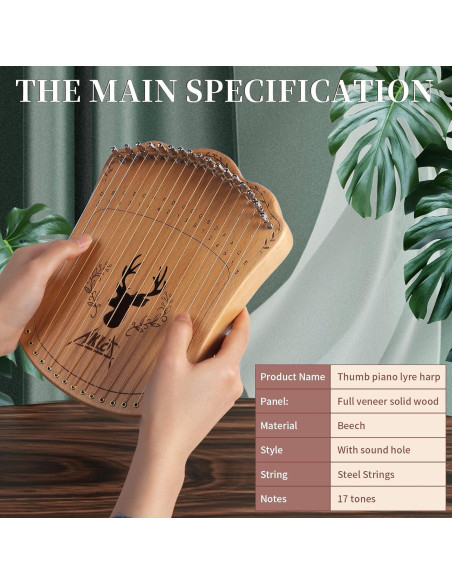 Arpa de Lira AKLOT 17 Cuerdas Natural con Bolsa y Cuerdas