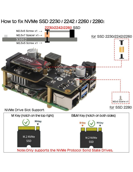 Geekworm X1012 PCIe a M.2 HAT NVMe SSD para Raspberry Pi 5