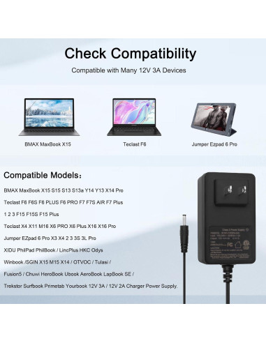 Cargador 12V 3A FLGAN para Jumper EZpad X3 X4 Chuwi HeroBook