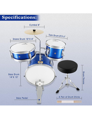 EASTROCK Juego de Batería Junior 3 Piezas 35,5 cm Azul