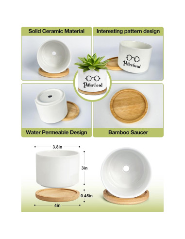 Macetero de Cerámica PWHINGN Redondo con Bandeja 10 cm
