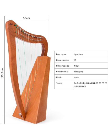 Arpa AKLOT 15 cuerdas de Caoba 56 cm para Principiantes