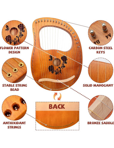 Arpa de Lira 19 Cuerdas Rosa Caoba Portátil con Bolsa