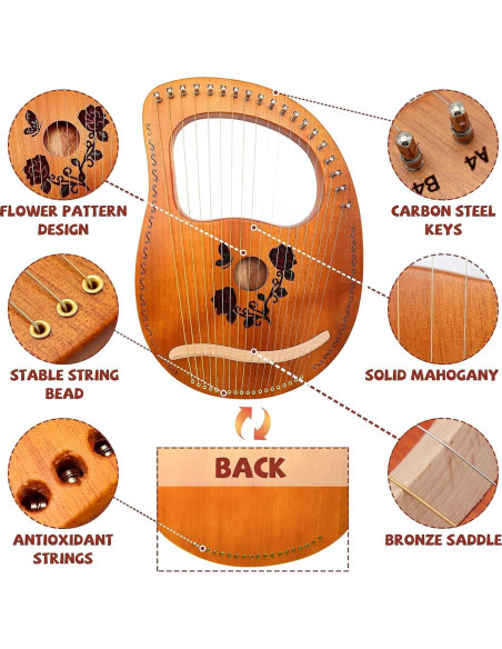 Arpa de Lira 19 Cuerdas Rosa Caoba Portátil con Bolsa