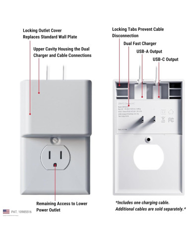 Cerradura de Cargador Permaplug 20W USB-C y USB-A 3,05m
