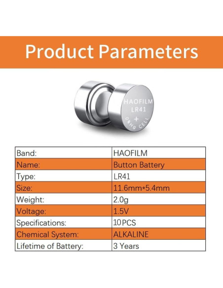 Batería Alcalina HAOFILM LR41 1.5V Paquete de 10